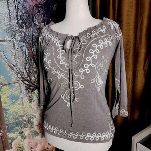 M Lauren Michelle Tunic Top, Gray with White Embroidery Accents, 3/4 Sleeves